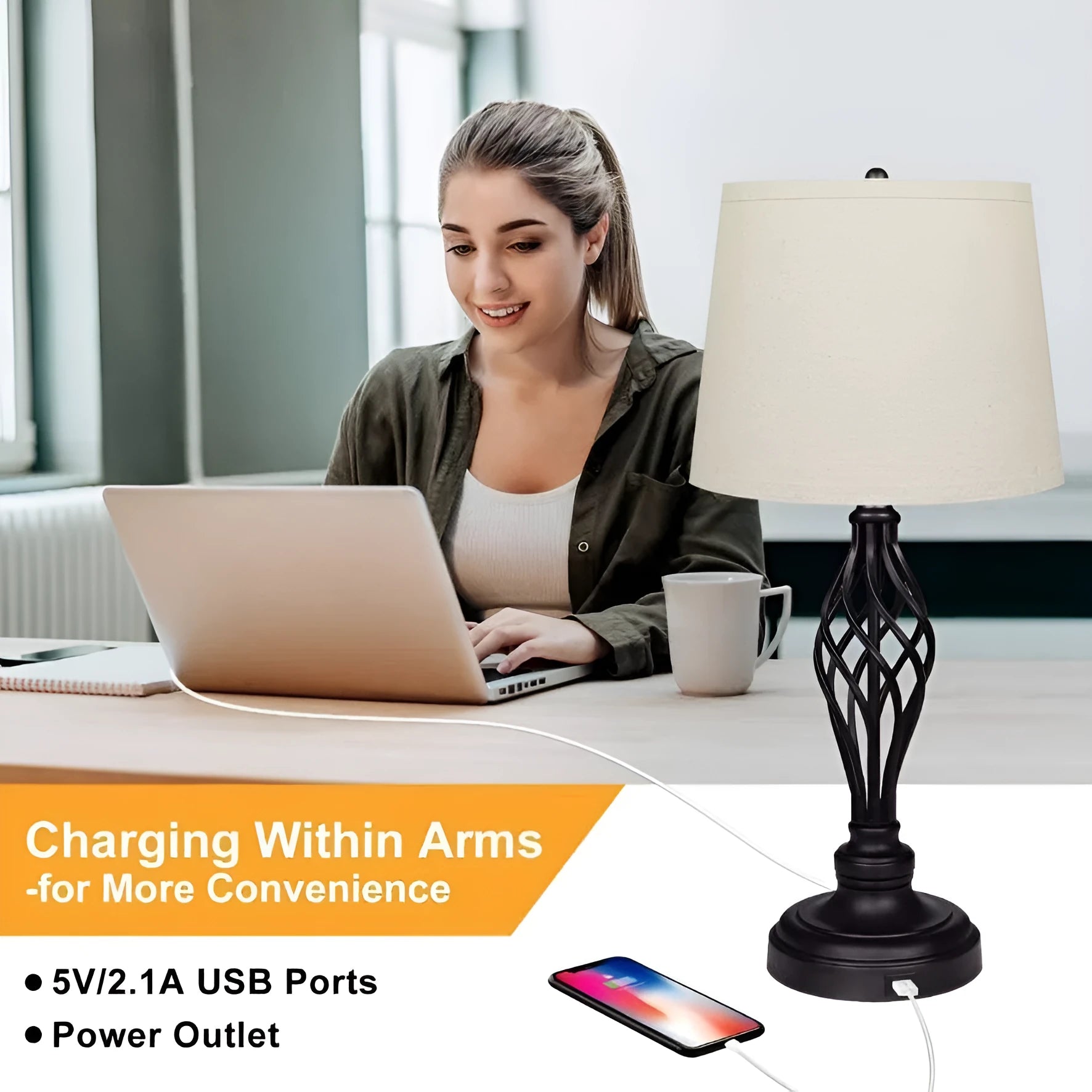 European style bedside table lamp with USB charging port and touch-sensitive cold warm light controls