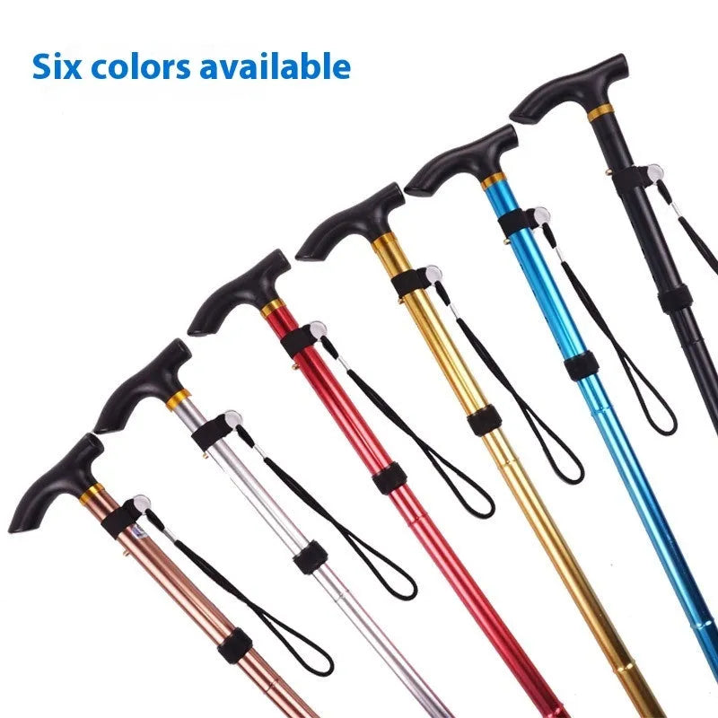 Aluminium folding walking cane extended to show height adjustment with non-slip handle