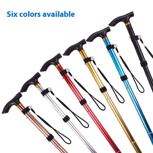 Aluminium folding walking cane extended to show height adjustment with non-slip handle