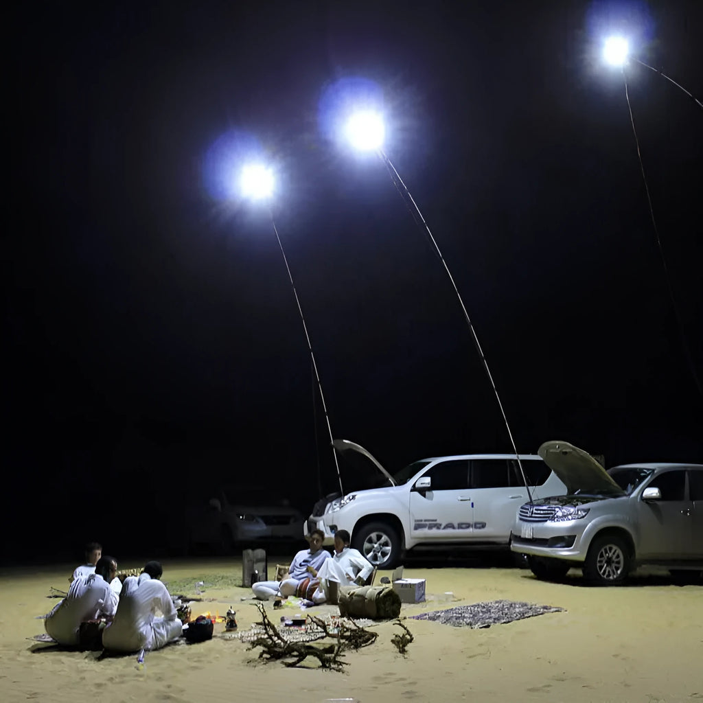 LED fishing rod light with telescopic pole extended, showing remote control and 12V power connection
