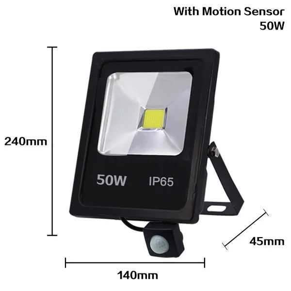 Motion sensor LED flood light with aluminium brushed stainless finish, IP65 waterproof, outdoor wall mounted 50W or 30W