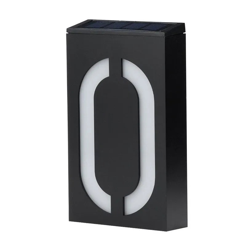 Solar powered outdoor house number light with white LEDs and wall mount.