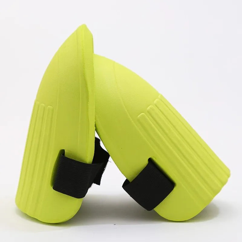 A pair of high-density EVA foam knee pads in army green, shown with dimensions for gardening and work protection.