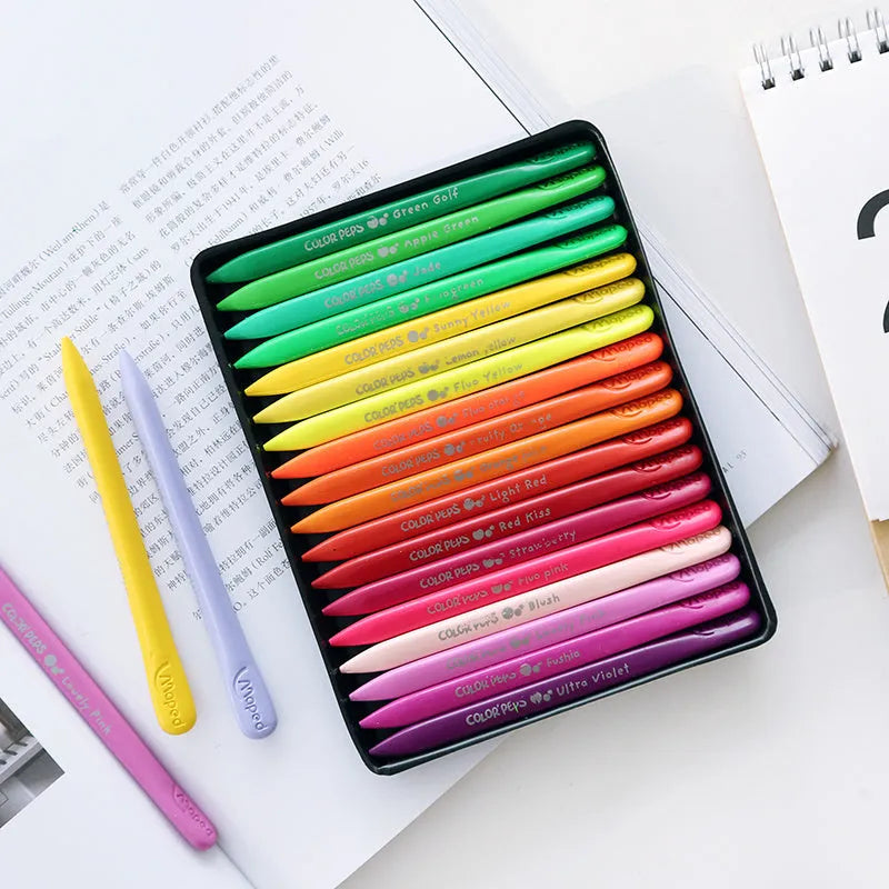 24 colour plastic crayons in a carton pack, each crayon 128mm in length