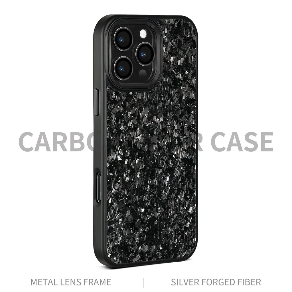 Carbon fibre phone case with black metal frame and magnetic backing for iPhone