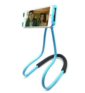 White flexible phone neck holder with 360-degree rotating clamp holding a smartphone