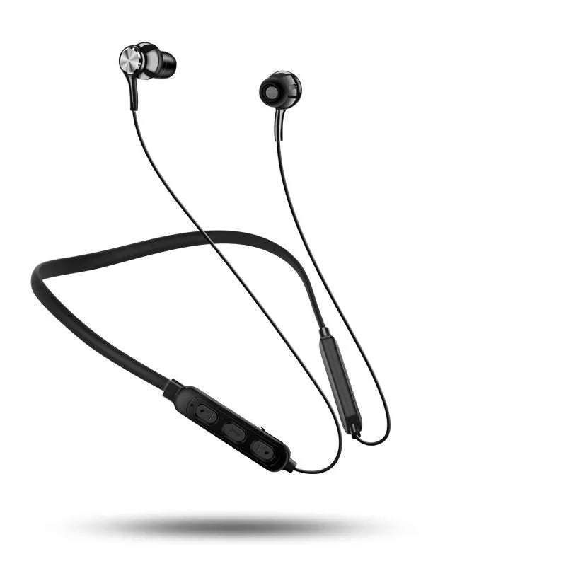 Neckband sports Bluetooth earphones in black, red, or white with USB charging cable