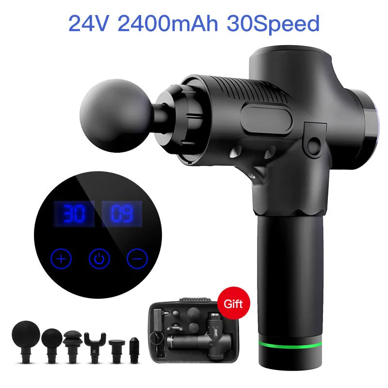 Fascia massage gun with 30-speed settings, 24V brushless motor, and six massage heads in black colour