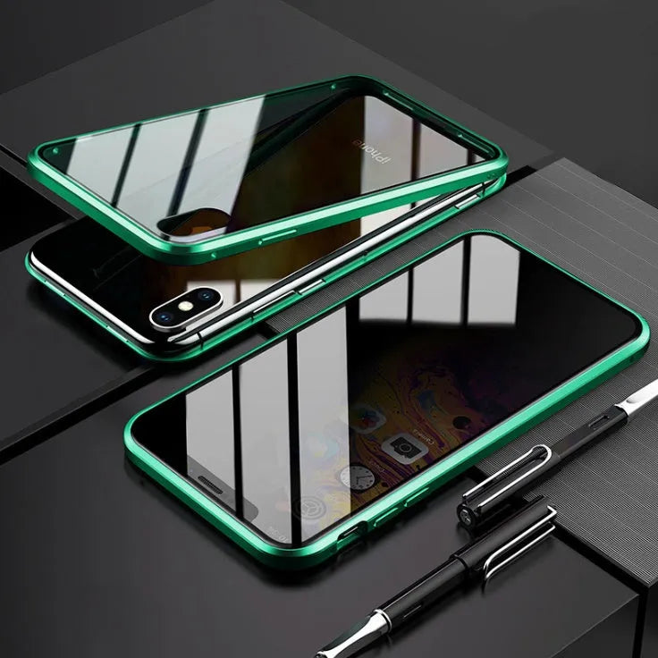 Magnetic anti-peeping phone case for Samsung Galaxy with double-sided glass construction in clamshell design