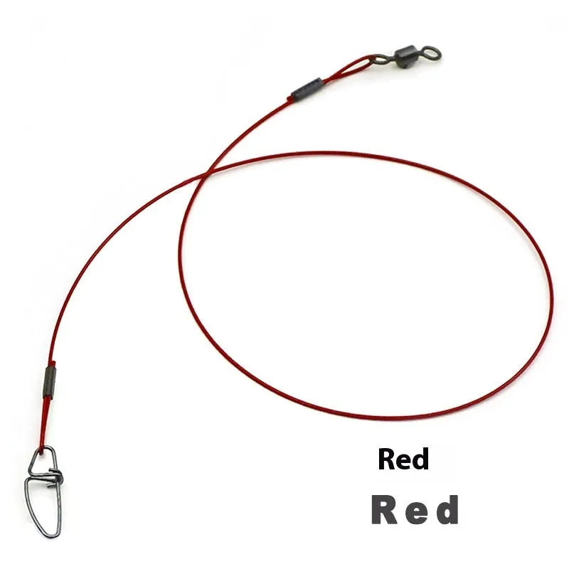 Ten green anti-bite steel wire fishing leaders with double buckle pins, each 54cm long, laid out straight.