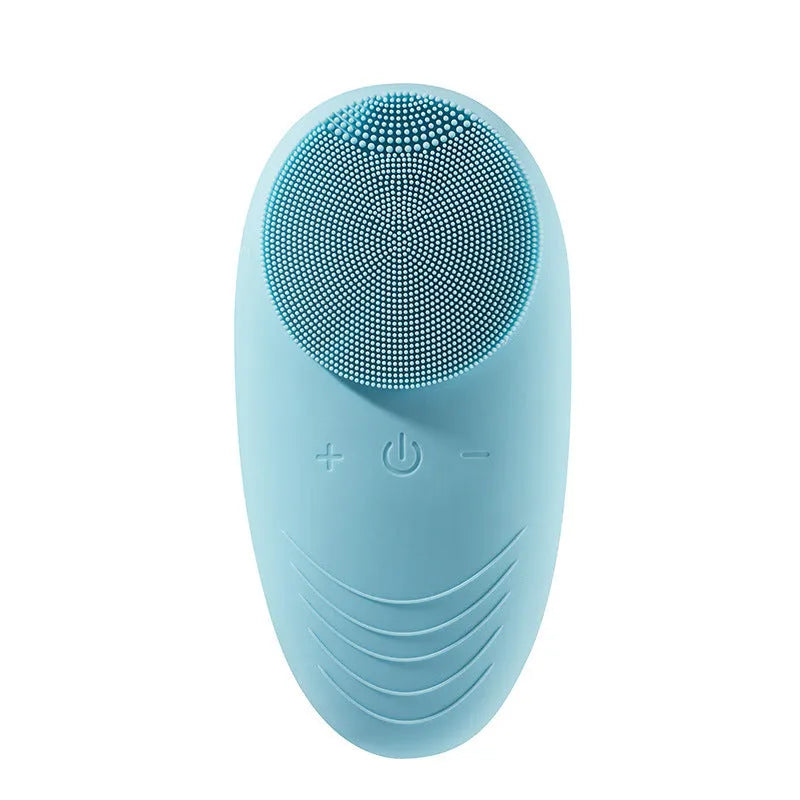 Mini electric facial cleansing brush with silicone head in pink, USB cable, compact 12x6x2.5cm