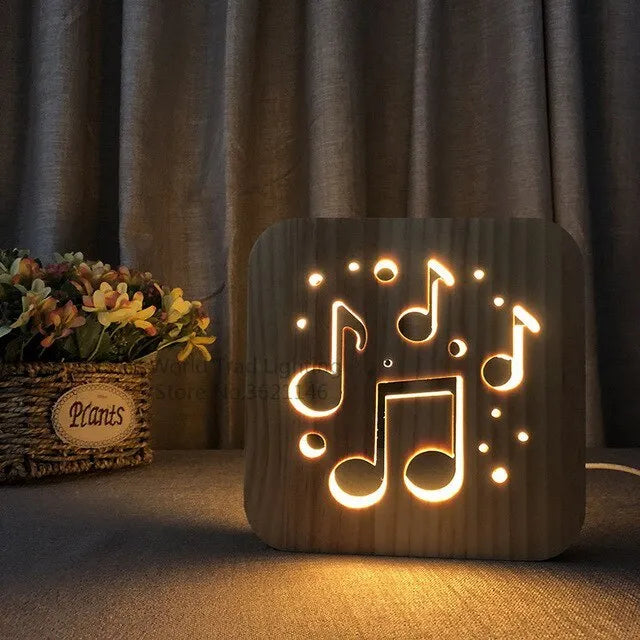 Square pine wood USB-powered LED atmosphere lamp with warm white 3D light on a desk