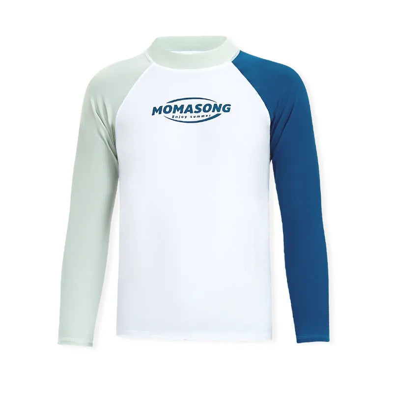 Men's long-sleeved white top with matching swimming trunks swimsuit set for beach sports