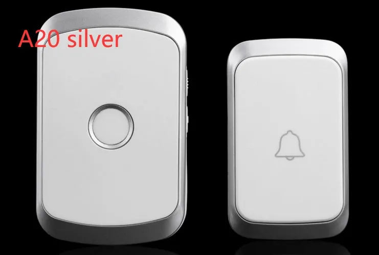 Wireless doorbell system with receiver unit and battery-operated transmitter showing colour options in black, white, gold, and silver finishes
