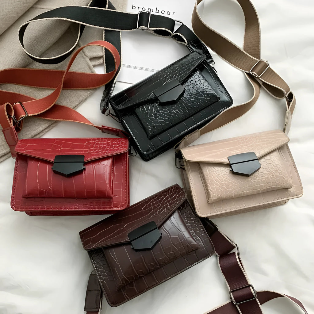 Vintage PU leather crossbody bag showing black, dark brown, khaki and red colour options