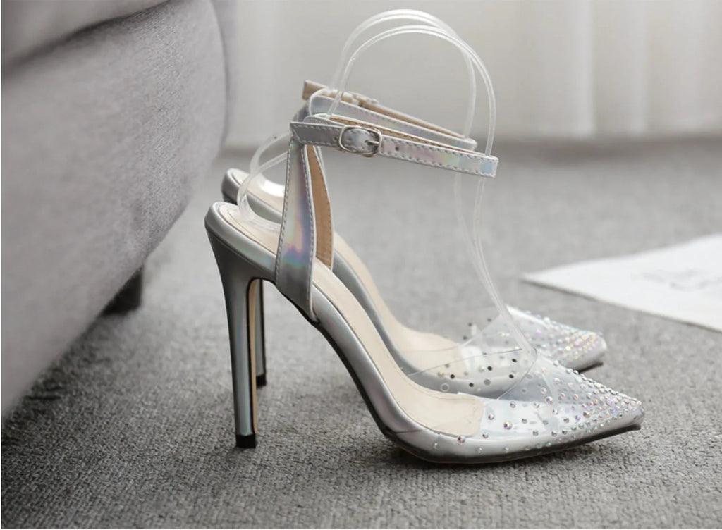 Women's pointed diamond sandals with stiletto heels and PVC upper material