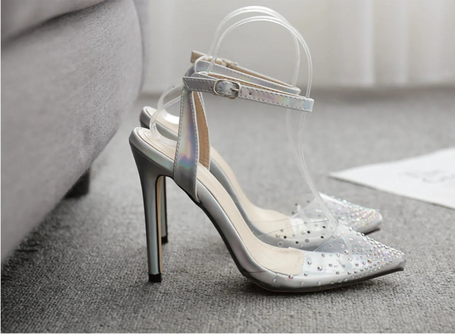 Women's pointed diamond sandals with stiletto heels and PVC upper material