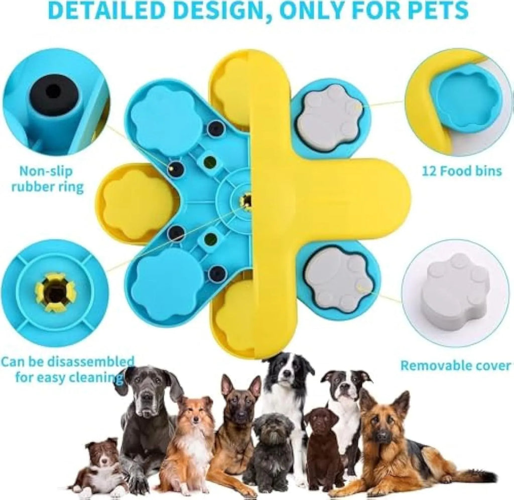 Yellow three-layer rotating dog puzzle feeder with anti-slip rubber pads on base