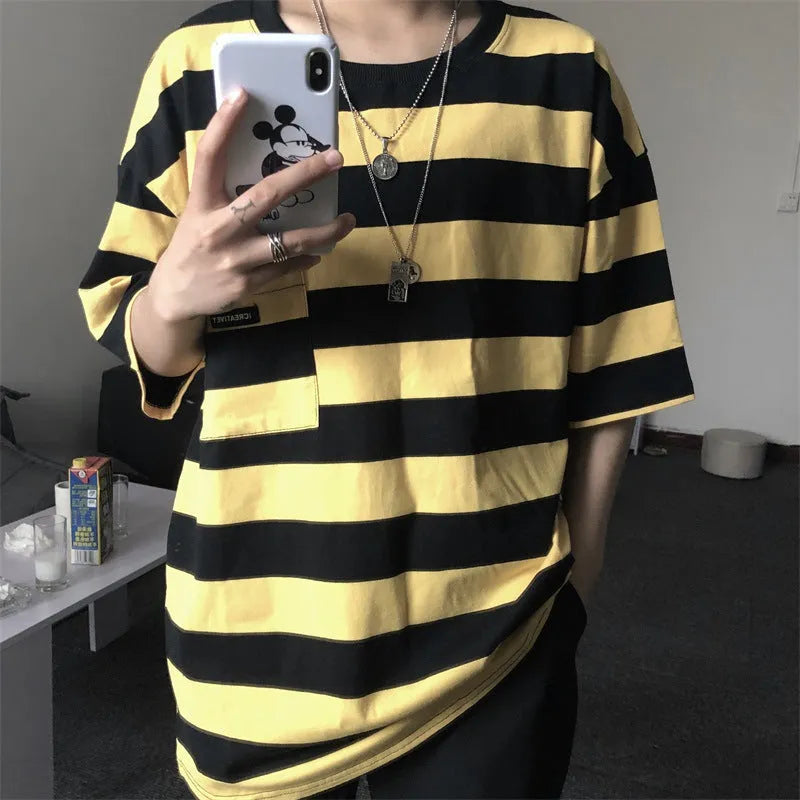 Striped short sleeve t-shirt in blue, polyester fiber, casual crew neck style