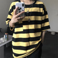 Striped short sleeve t-shirt in blue, polyester fiber, casual crew neck style
