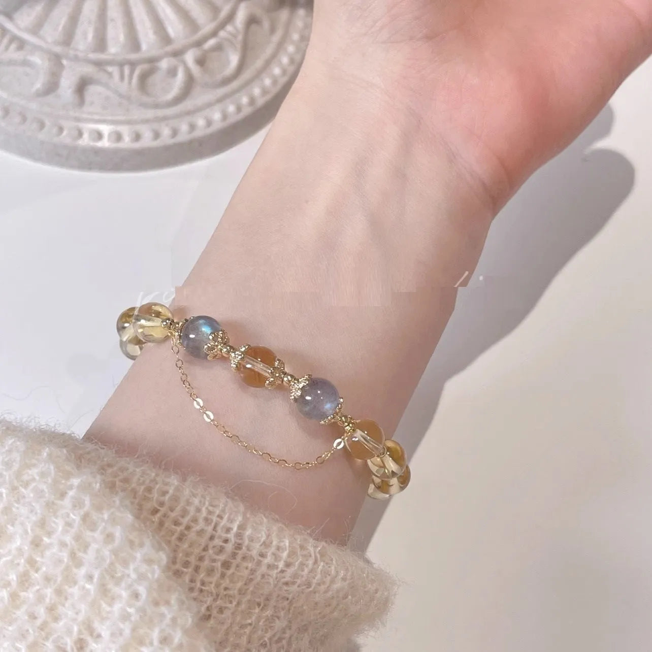 14K gold electroplated crystal bracelet with citrine moonstone and Chinese diamond styling
