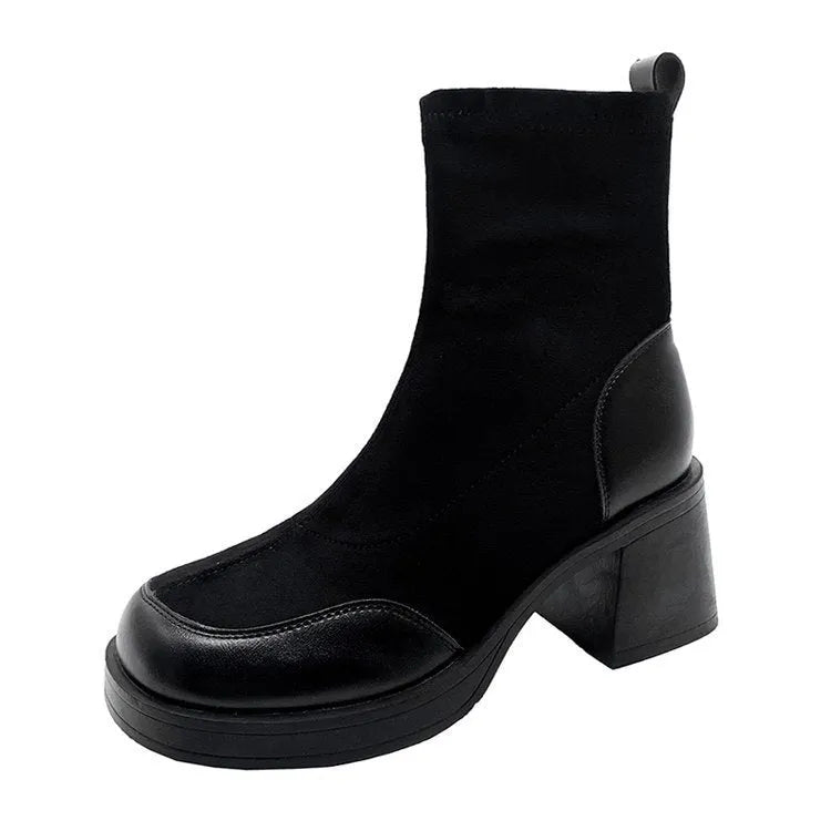 Black women's chunky heel martin boots with thick rubber sole and lace-up design