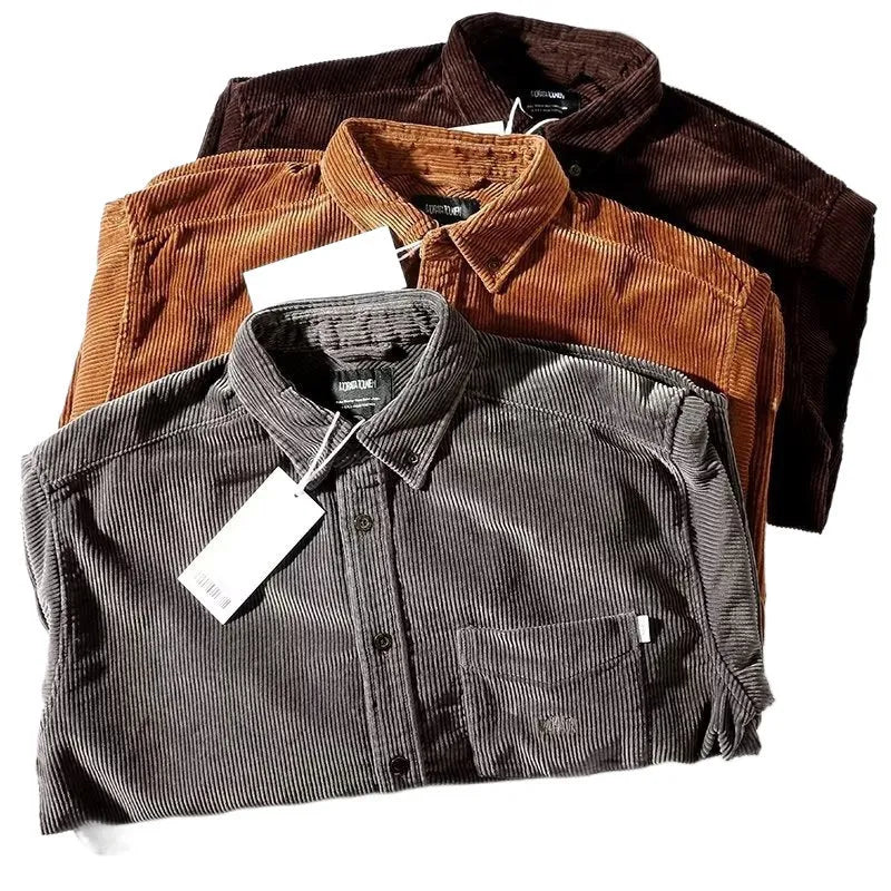 Men's caramel corduroy loose fit cardigan-style long sleeve shirt shown on hanger