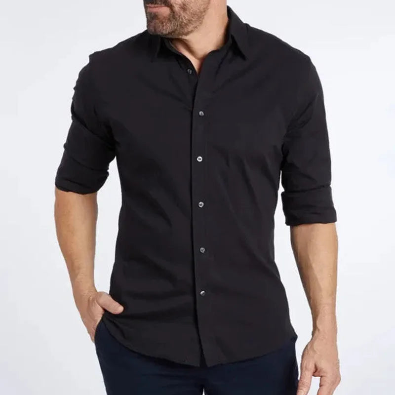 Men's long sleeve zipper shirt with button lapel, solid colour, slim fit cotton blend top