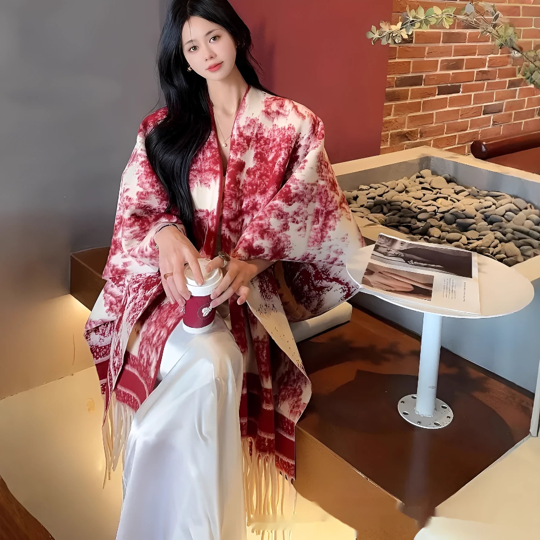 Women's casual tassel scarf cape shawl in polyester fabric with free-size fit
