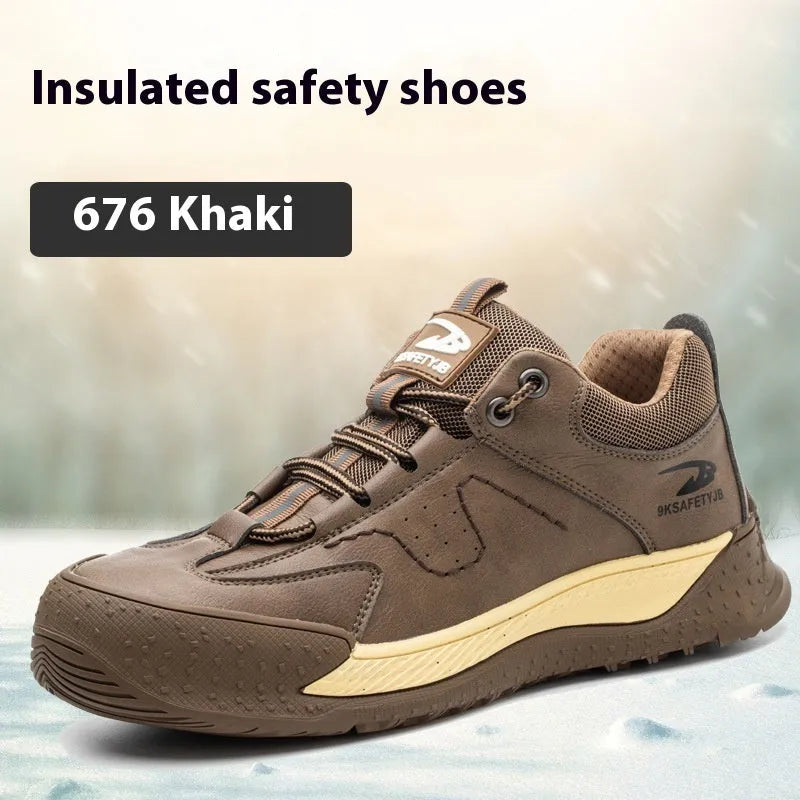 Flyknit leather work safety shoes with rubber sole in black colour, size 42 displayed