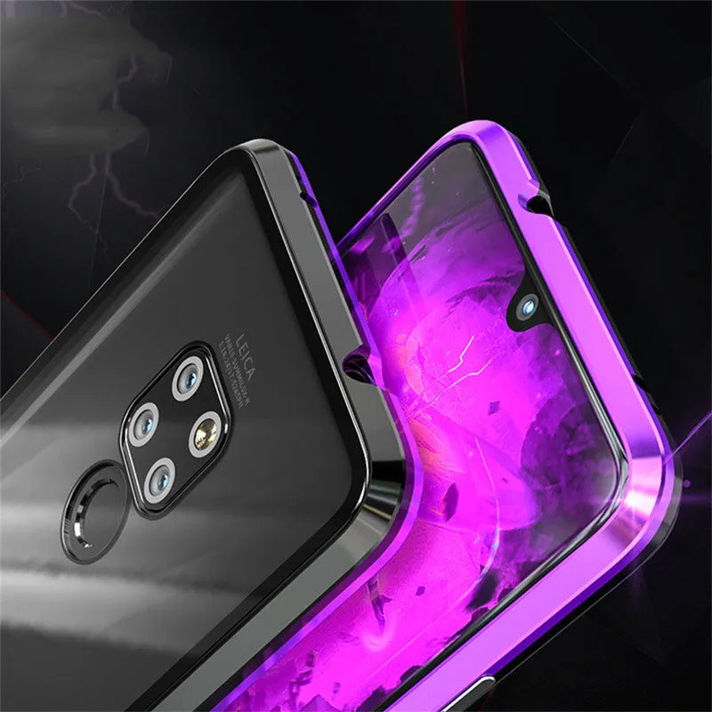 Magnetic Huawei phone case with metal frame and clear tempered glass back