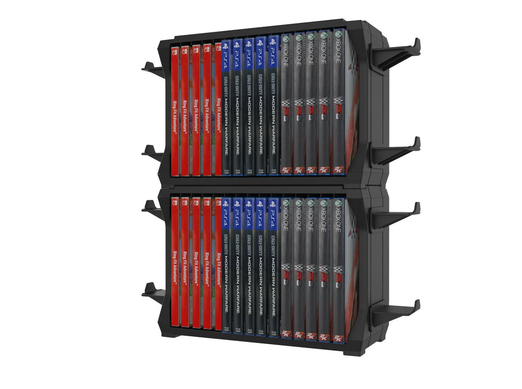 Black PS5 and Xbox Series X disc holder with controller stand organising multiple game discs