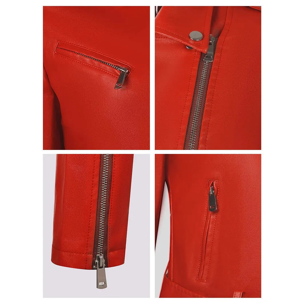 Women's black PU leather motorcycle jacket with short lapel and removable waist belt