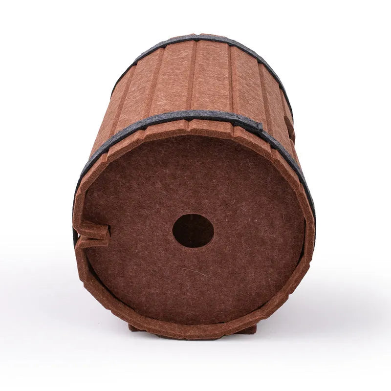 Assembled wine barrel pet bed made from polyester fibre felt for cats.