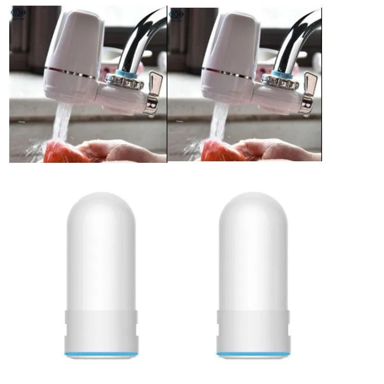 White plastic kitchen tap water filter with ceramic cartridge and universal adapter kit on a counter.