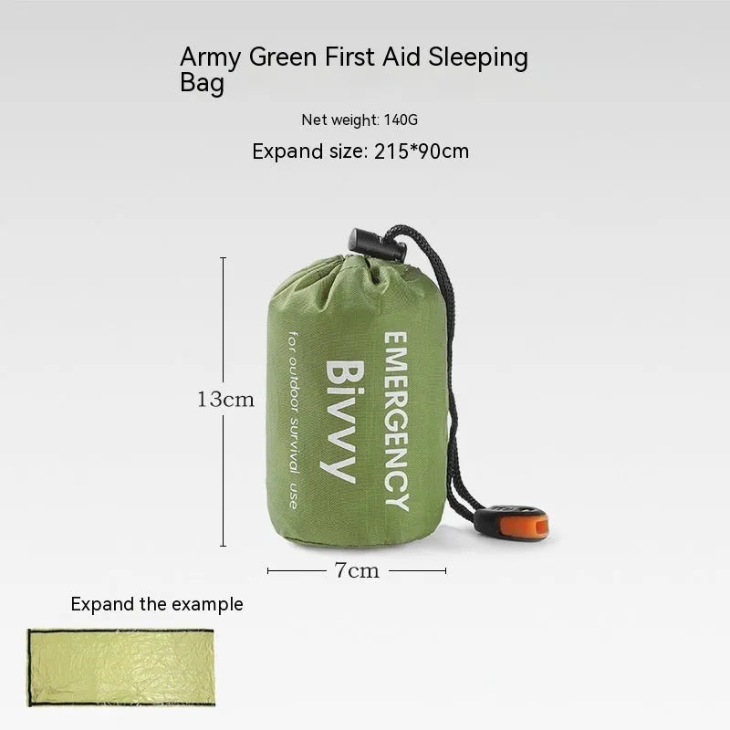 Orange emergency tent kit with sleeping bag, raincoat and whistle for disaster relief
