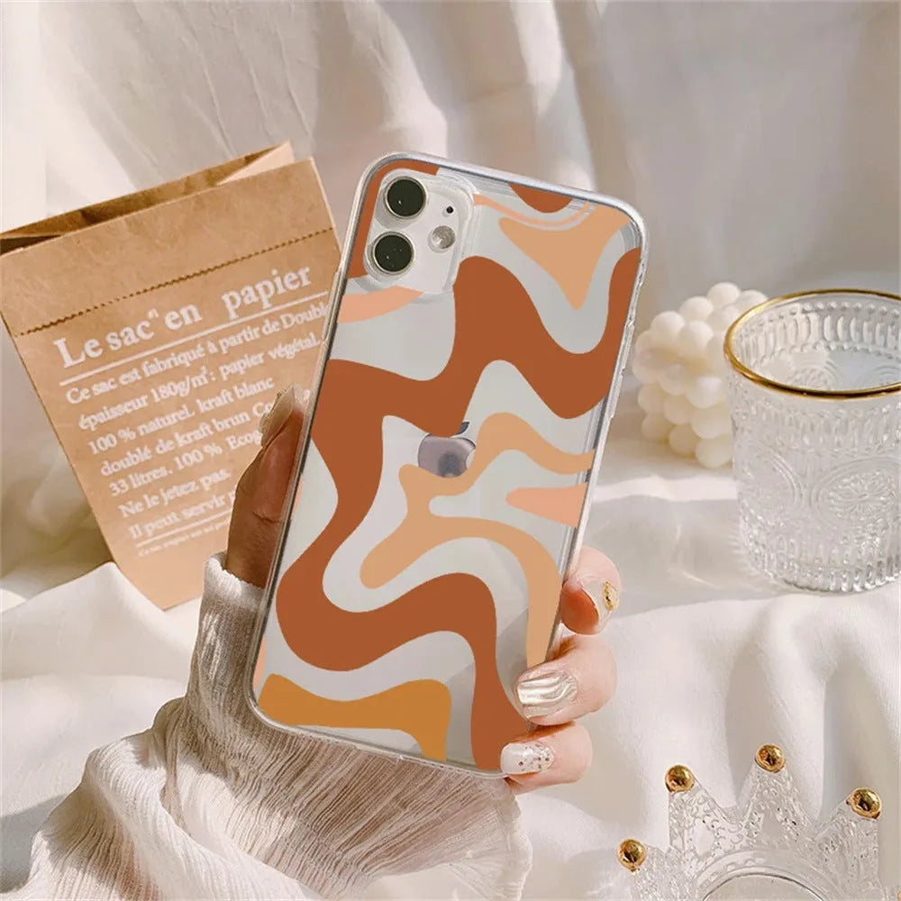 Striped wave transparent TPU soft shell phone case for iPhone 13 14 15 series with fall protection