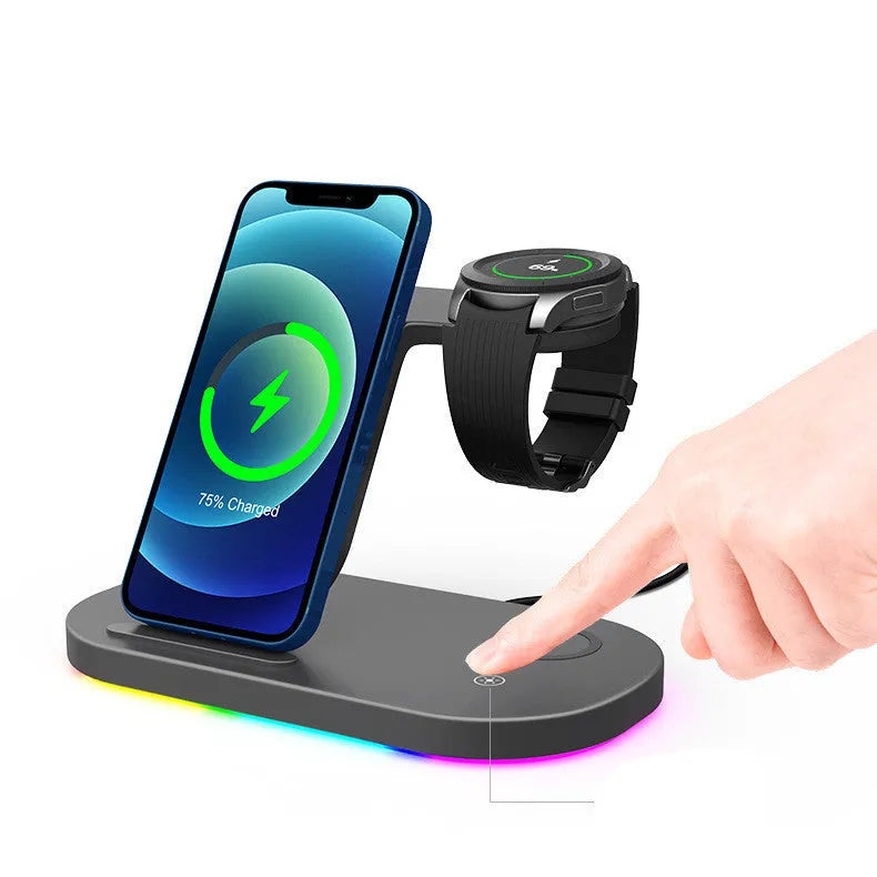 Three-in-one fast wireless charger in ABS material with Type-C input for phone watch and headphone
