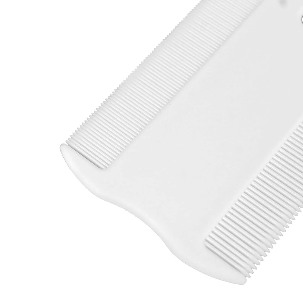 A small white plastic double-sided flea comb for pets, showing both the fine tooth side and the grate mouth side.