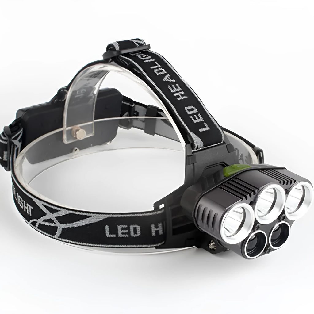 Fixed focus LED head torch with head strap, showing long-range beam for outdoor use.