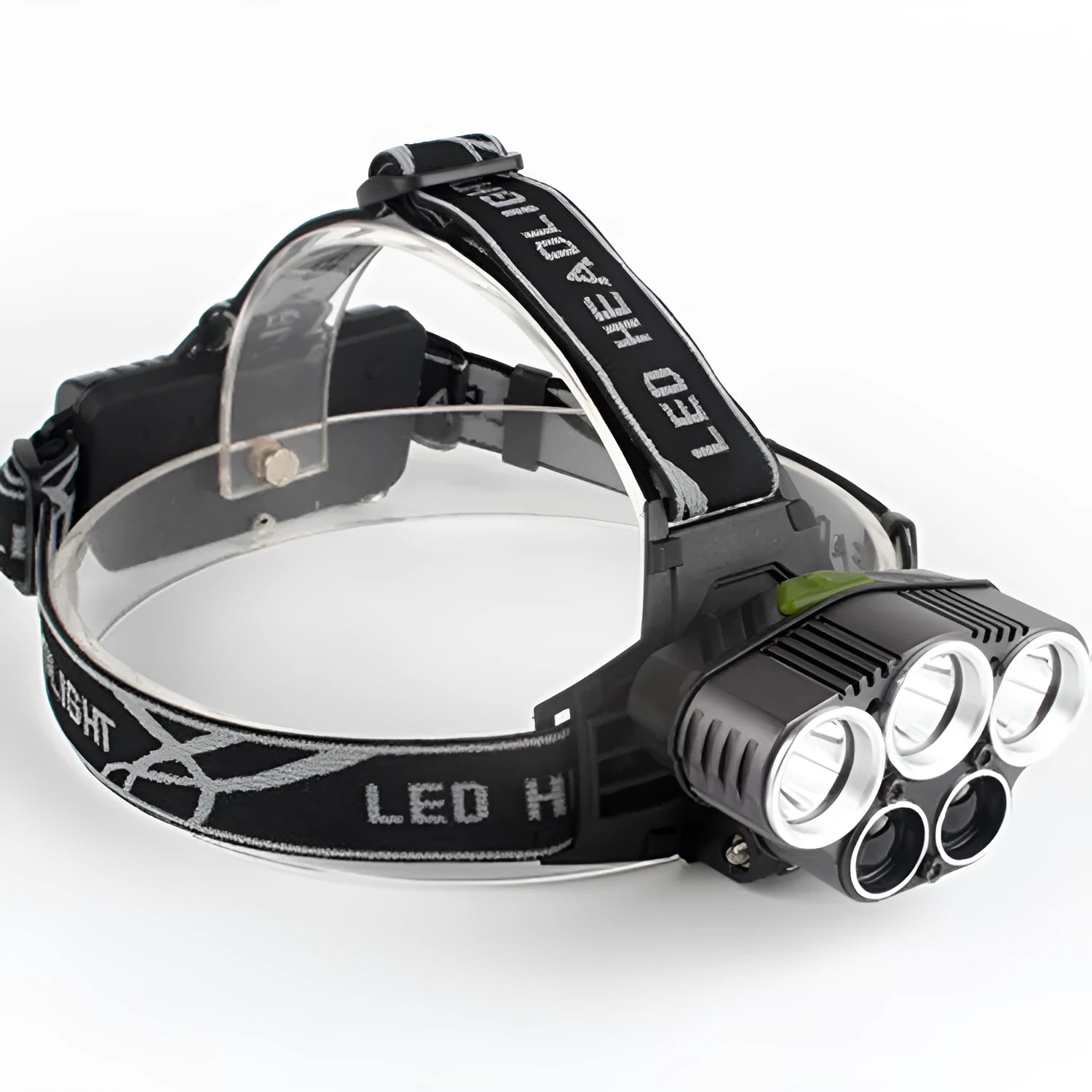 Fixed focus LED head torch with head strap, showing long-range beam for outdoor use.