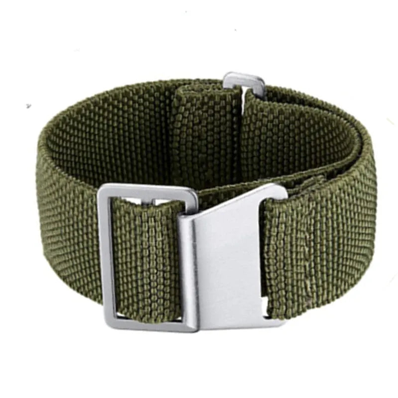Nylon parachute watchband in green, blue, and black with silver buckle, 18mm 20mm 22mm widths
