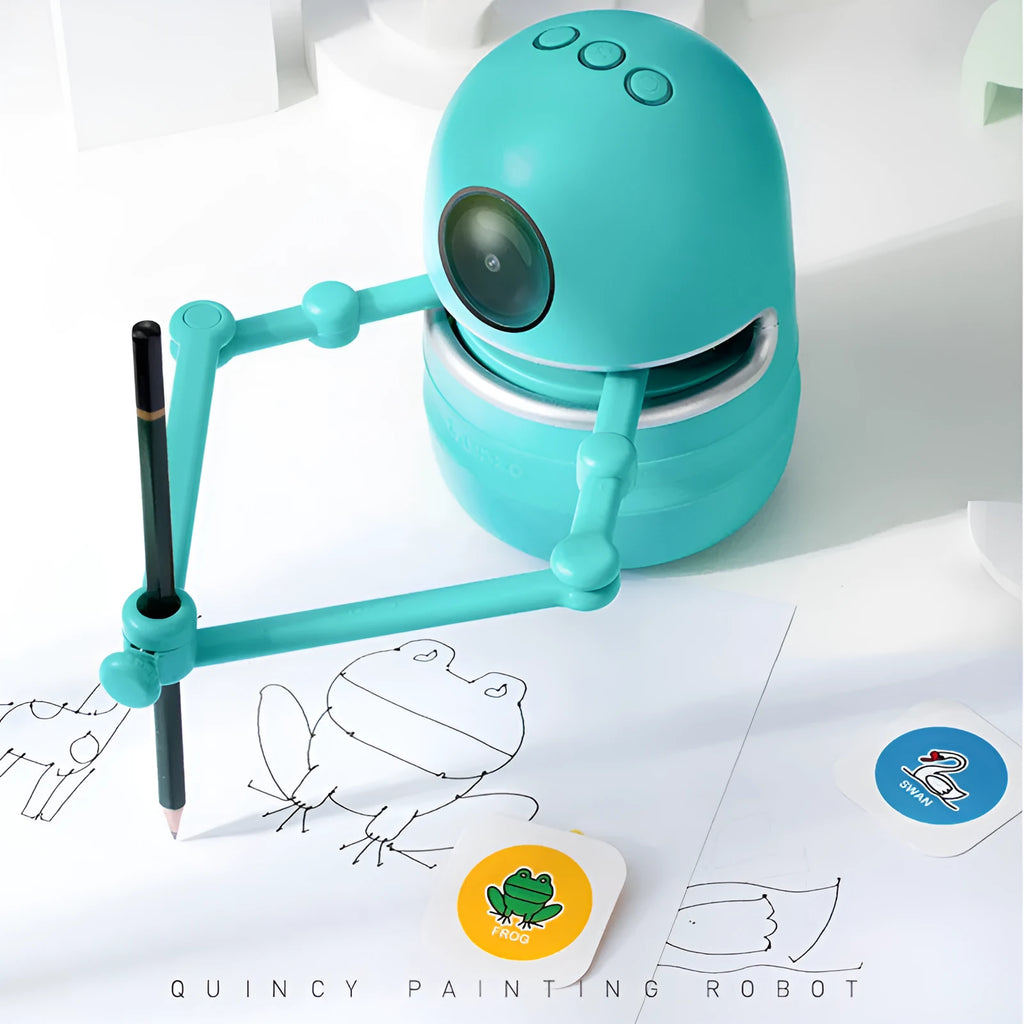 Painting robot for children with suction cup base and drawing cards on table