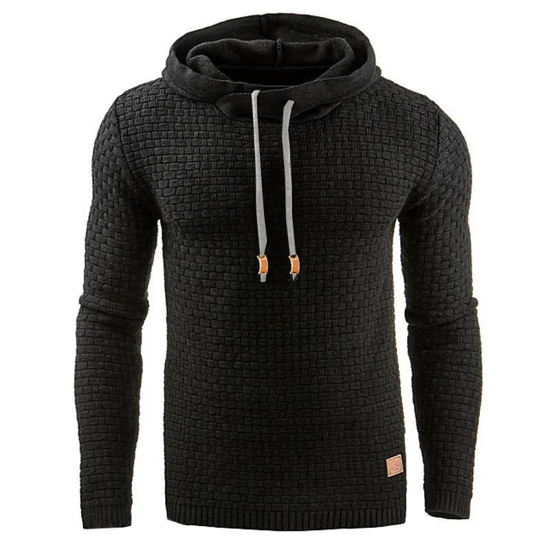 Men's black cotton-polyester blend hooded sweatshirt on a hanger, showcasing the front hood and kangaroo pocket.