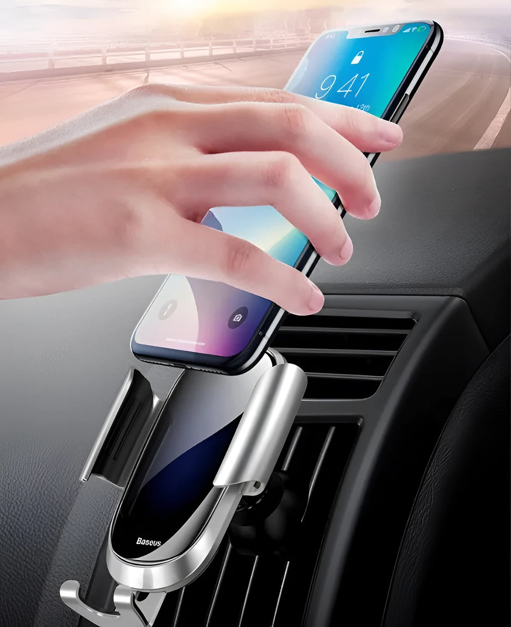 Smart car bracket mobile phone holder with adjustable gooseneck arm on car dashboard