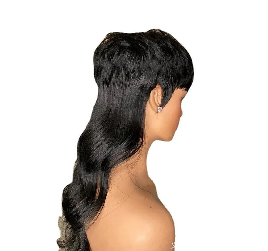 Black Brazilian synthetic wig with fringe and front short, back long hairstyle.