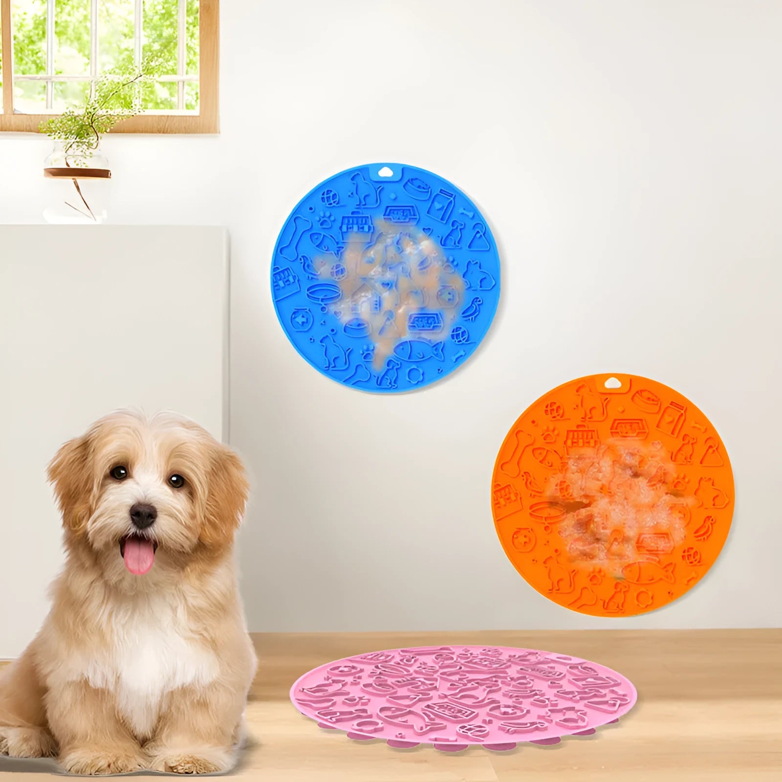 A blue silicone pet licking mat with a suction cup base on a kitchen floor.