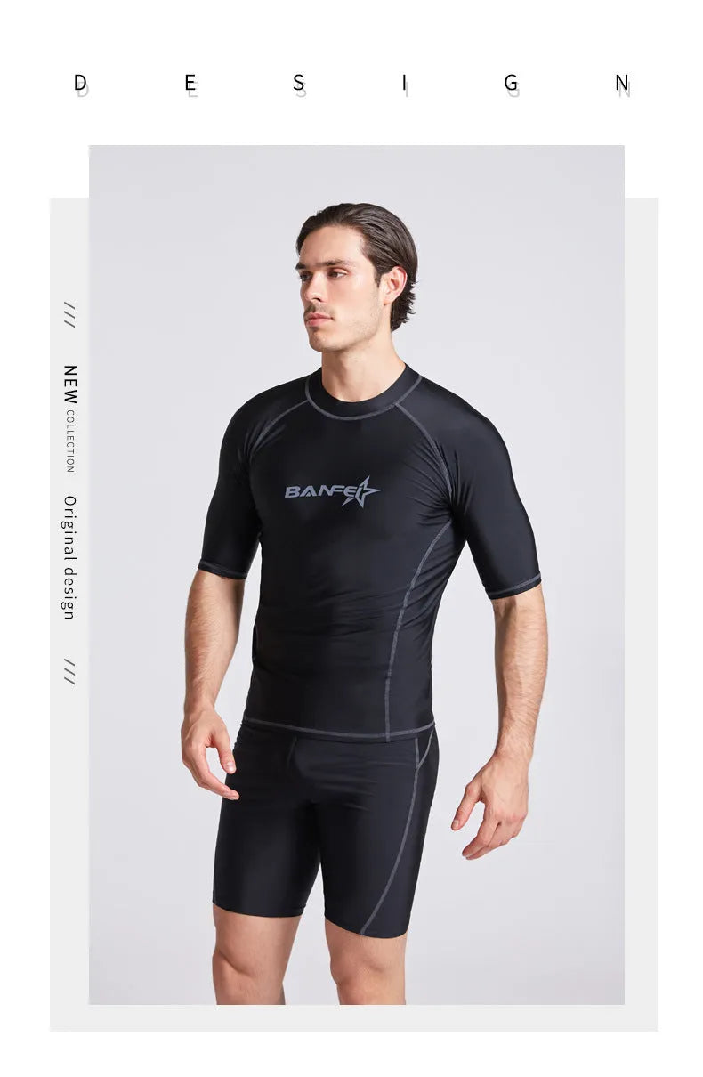 Men's half sleeve swimsuit wetsuit in nylon fabric for snorkelling and surfing activities