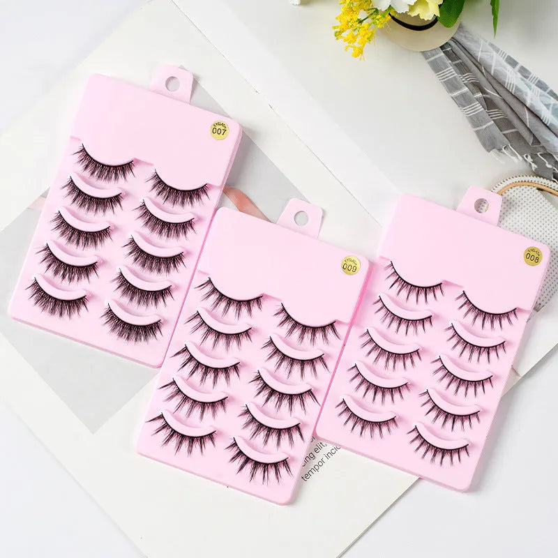 Pack of manga anime style false eyelashes showing three natural wispy designs for Korean makeup and cosplay
