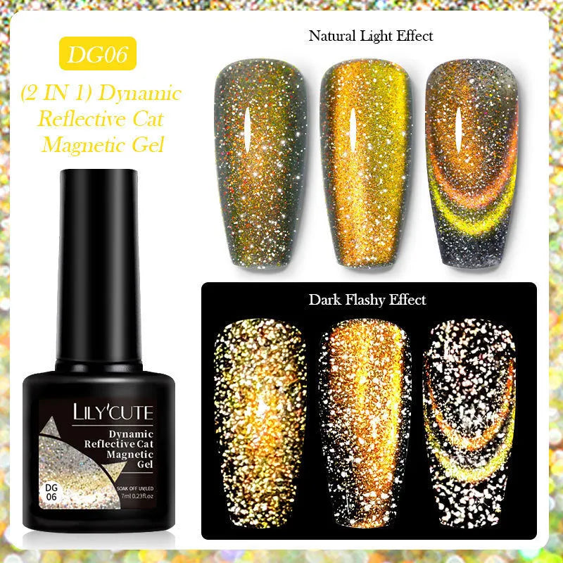 Diamond in the Debris Cat Eye Series nail polish gel bottles in six colours with glitter and fragment texture